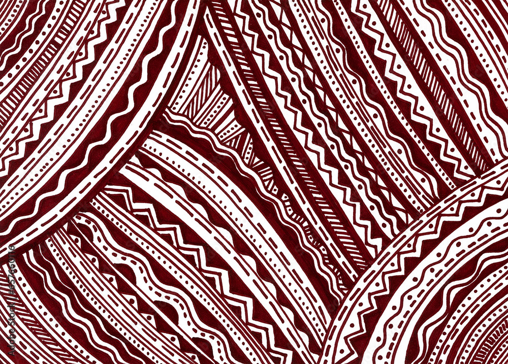 Abstract background of geometric elements of dark red color on white. Lines, waves, zigzags, dots, strokes, ornament. All elements have different directions. Ethnic style. Abstract background of geometric elements of dark red color on white. Lines, waves, zigzags, dots, strokes, ornament. All elements have different directions. Ethnic style.