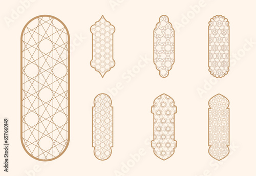Islamic window shape with mashrabiya pattern. Arabic door frame. Islamic arhitecture elements of window and door and mashrabiya pattern.