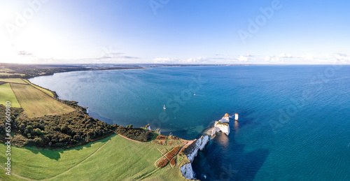 Amazing panorama aerial view of the famous Old Harry Rocks, the most eastern point of the Jurassic Coast, a UNESCO World Heritage Site photo