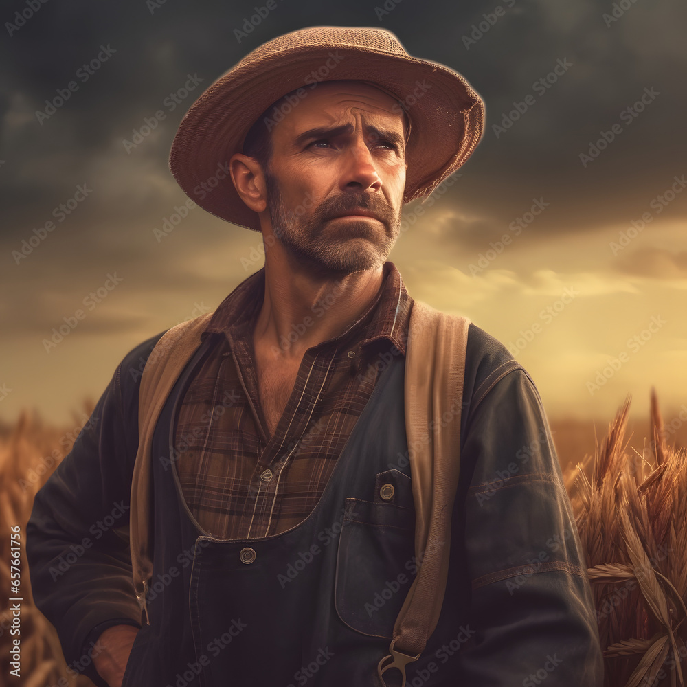 farmer standing in a field of crops, with a look of determination on their face as they contemplate the hard work that lies ahead