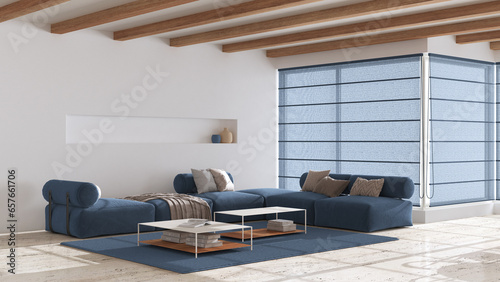 Minimal modern wooden living room with sofa and table in white and blue tones. Limestone marble floor and beams ceiling. Japandi interior design