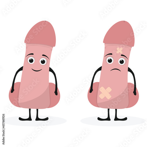 unhealthy sick Penis disease character. Genitals, reproduction, erection in cartoon style. Cute face man. Vector illustration icon on white background.