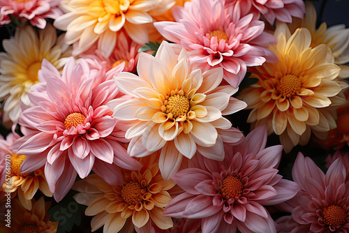 Chrysanthemum blossoms in a garden bathed in sunlight in autumn. photo