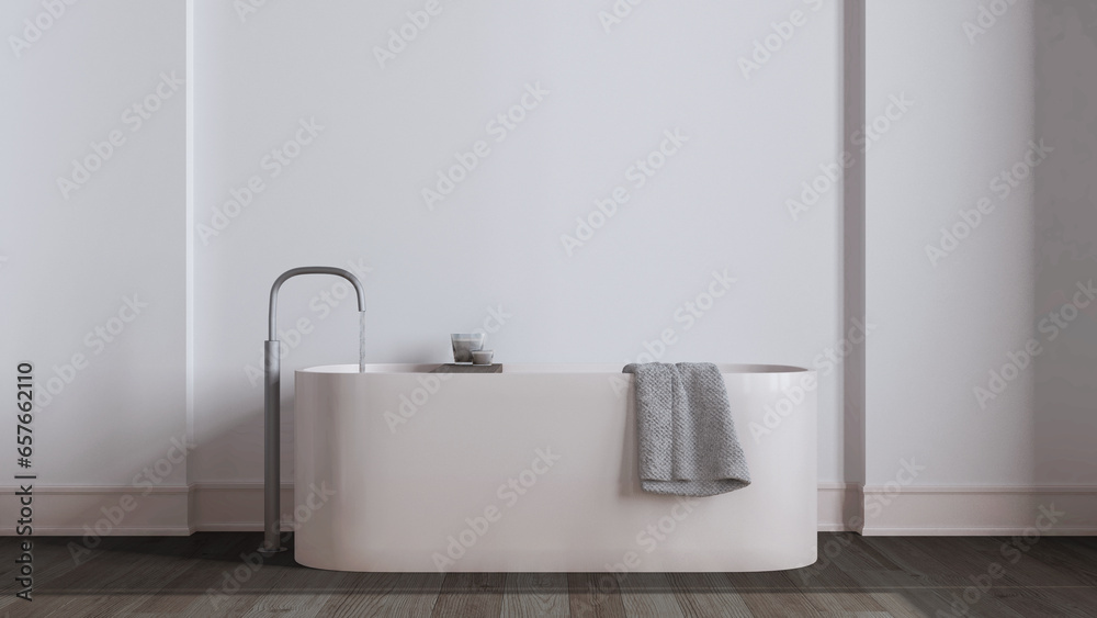 Fototapeta premium Minimalist nordic dark wooden bathroom close up in white and beige tones. Freestanding bathtub, wallpaper and decors. Scandinavian interior design