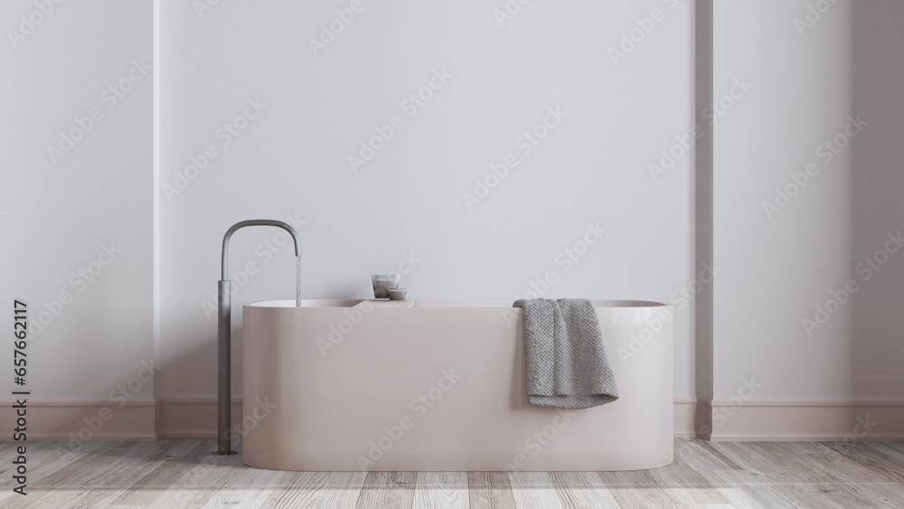 Minimalist nordic bleached wooden bathroom close up in white and beige tones. Freestanding bathtub, wallpaper and decors. Scandinavian interior design - obrazy, fototapety, plakaty 