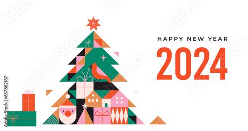 Happy New Year 2024. Christmas tree in modern minimalist geometric style. Colorful illustration in flat cartoon style. Xmas tree with geometrical patterns, stars and abstract elements