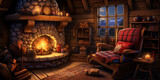 Fireside Bliss, Cozy cabin interior with crackling fireplace, plush armchairs, and warm wooden accents