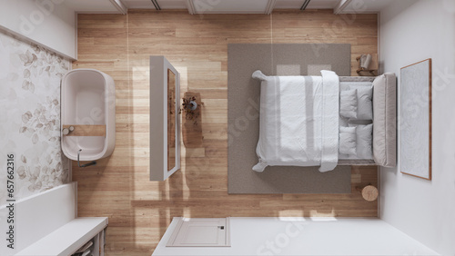 Scandinavian nordic wooden bedroom and bathroom in white and beige tones. Double bed and bathtub, walk in closet. Top view, plan, above. Minimal interior design