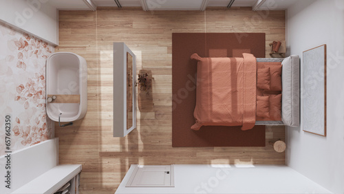 Scandinavian nordic wooden bedroom and bathroom in white and orange tones. Double bed and bathtub, walk in closet. Top view, plan, above. Minimal interior design photo