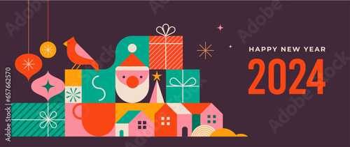 Happy New Year 2024. Christmas design in modern minimalist geometric style. Colorful illustration in flat cartoon style. Xmas tree with geometrical patterns, stars and abstract elements