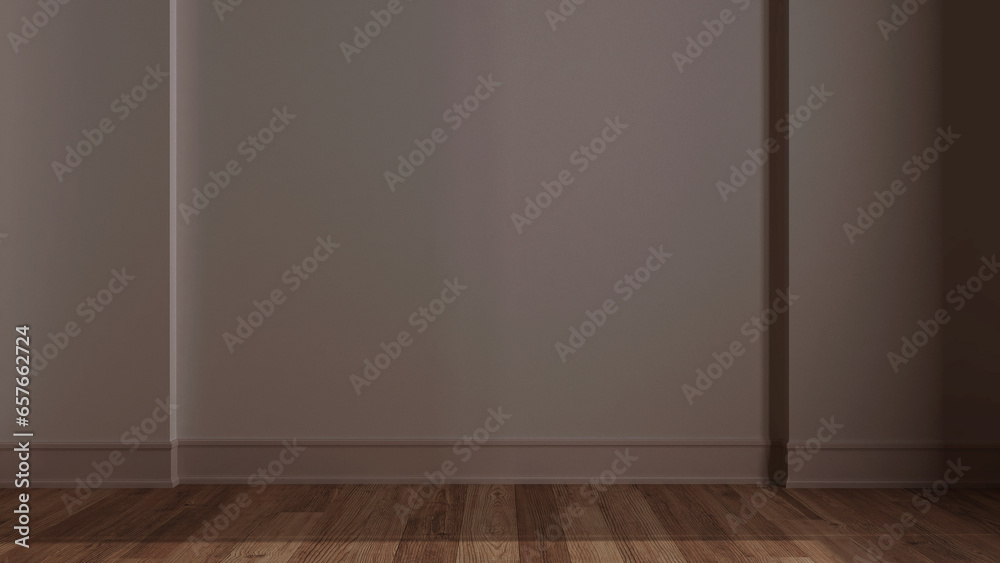 Dark late evening scene, empty room interior design, open space with parquet floor and white walls, modern architecture concept idea Dark late evening scene, empty room interior design, open space with parquet floor and white walls, modern architecture concept idea