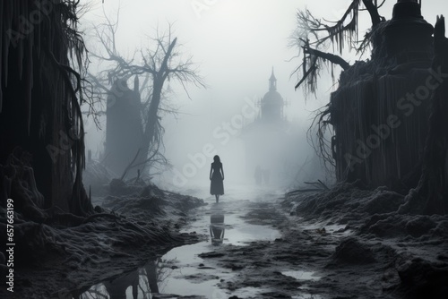 person stands in the fog in the scary forest