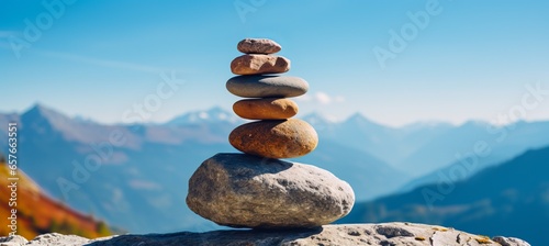 Stones pebbles stack balance with mountain landscape.. Peace and harmony concept. Generative AI technology. 