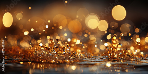 Defocused Macro Sparks Fall and Sparkle in Ray of Light Gold Glitter Background
