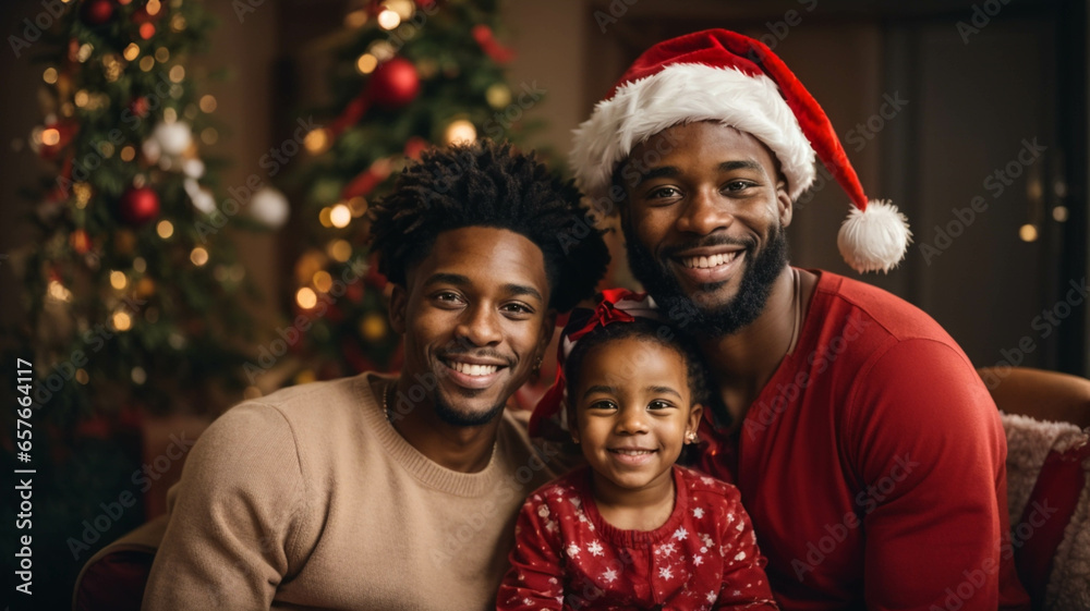 Beautiful family taking selfie at home waiting for Christmas night, space for text Beautiful family taking selfie at home waiting for Christmas night, space for text