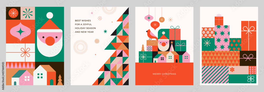 Christmas cards in modern minimalist geometric style. Colorful illustration in flat cartoon style. Xmas backgrounds with geometrical patterns, stars and abstract elements