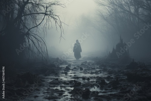 person stands in the fog in the ominous forest 