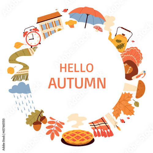 Hello autumn round frame. Wreath of autumn leaves and objects. Flat Vector illustration on a white background.