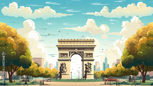 flat vector illustration, simple colors, arc de triomph in paris. Simple vector illustration of the arc de triumph in the capital city of France. Symbol of Paris. French monument.