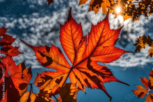 A vivid red and orange autumn leaf in close-up against a blue sky.