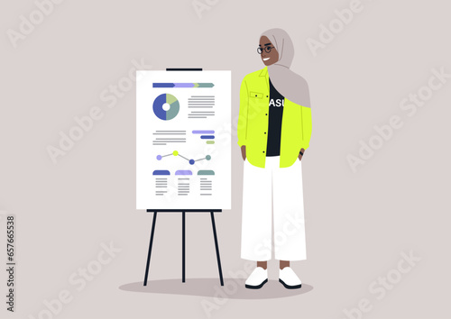 A young Muslim woman wearing a headscarf delivering a data report at a flipchart in her office, in the presence of her colleagues