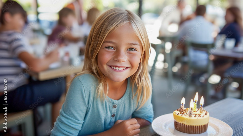 Excited 10 year old girl posing in front of a small cake.