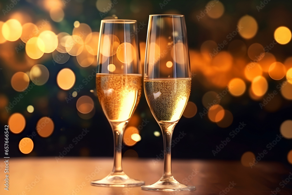 Two beautiful glasses of sparkling alcoholic drink on table. Festive background with golden bokeh Two beautiful glasses of sparkling alcoholic drink on table. Festive background with golden bokeh
