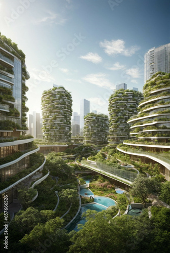 image vertical of a city with smart neighborhoods with solar panels, surrounded by lush vegetation, reflecting the harmony of technology and sustainable living