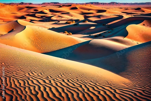 A bizarre desert scene with sand dunes that are tall and brightly colored.