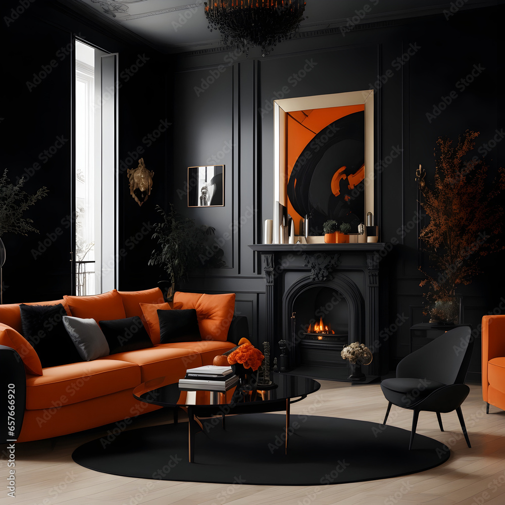 Naklejka premium black living room with fireplace, a luxurious black and orange living room. made by AI