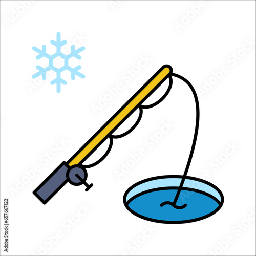 Ice fishing in solid style icon, winter activity vector illustration on white background