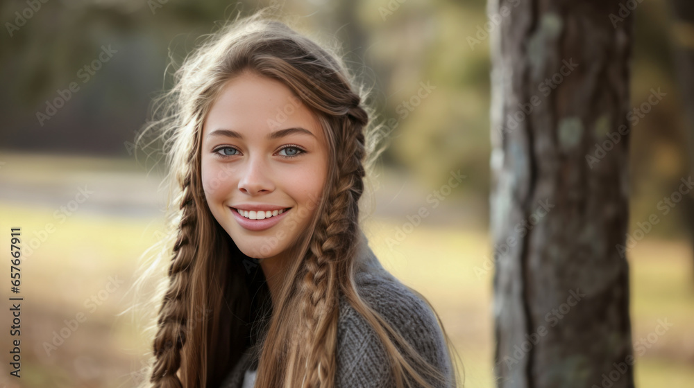 Smiling teenager posing outdoors near a tree.