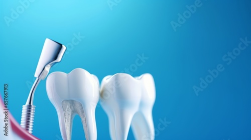 Dental equipment and model on a white blue background, concept image for dental background. panoramic banner with copy space