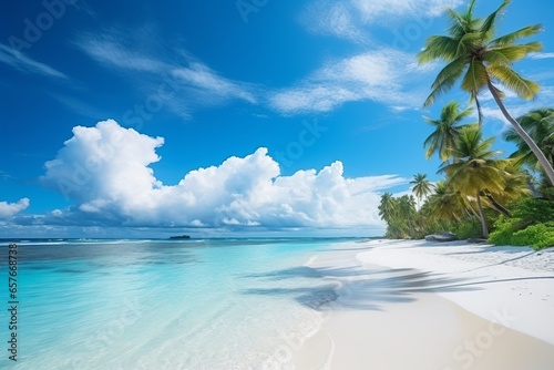 Beautiful beach with white sand  turquoise ocean water and blue sky with clouds in sunny day. Panoramic view. Natural background for summer vacation