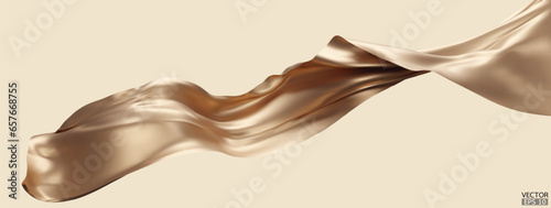Flying dark gold silk textile fabric flag background. Smooth elegant golden Satin Isolated on beige Background for grand opening ceremony. Gold curtain. 3d vector illustration
