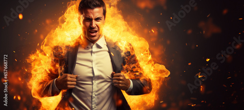 Business man standing in fire, a strong hero masters every challenge - with copy space