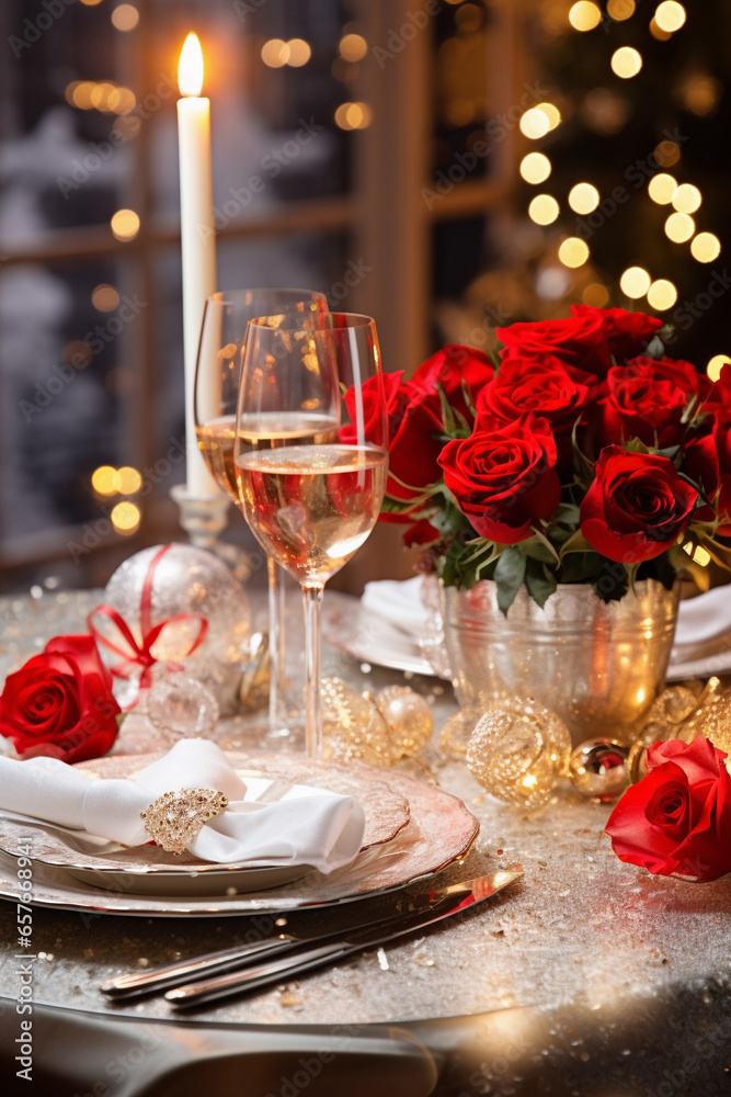 Christmas Dinner table with roses and red decorations, New Year's decor with a Christmas tree on the background, vertical image