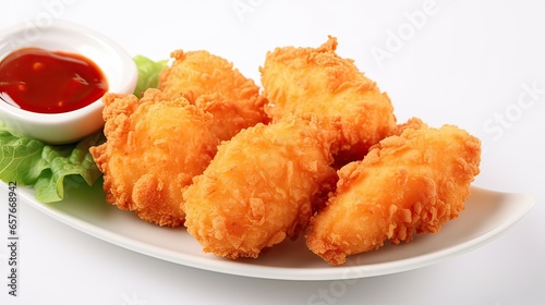 shrimp in batter with sauce, on a white plate, on a white  background