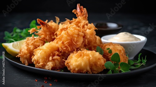 shrimp in batter with sauce, on a dark plate, on a dark background
