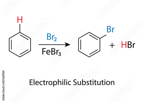 Electrophilic Halogenation type of Electrophilic Aromatic substitution vector illustration.