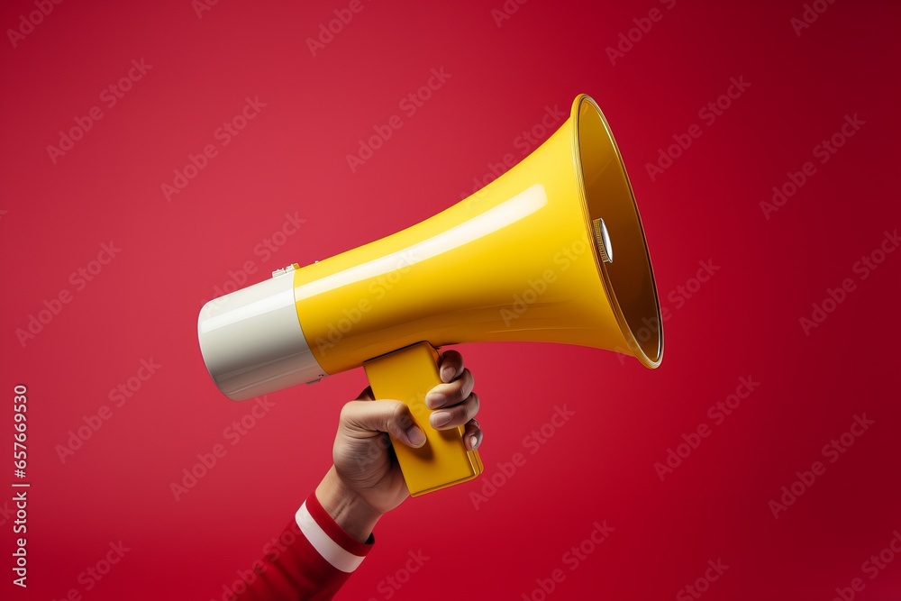 Hand holding megaphone, marketing and sales, red background