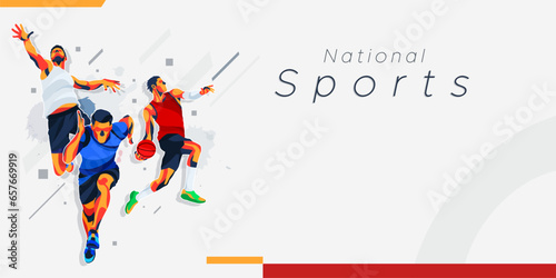 Banner template for national sports day runner, basketball, and volleyball background. world sports celebration