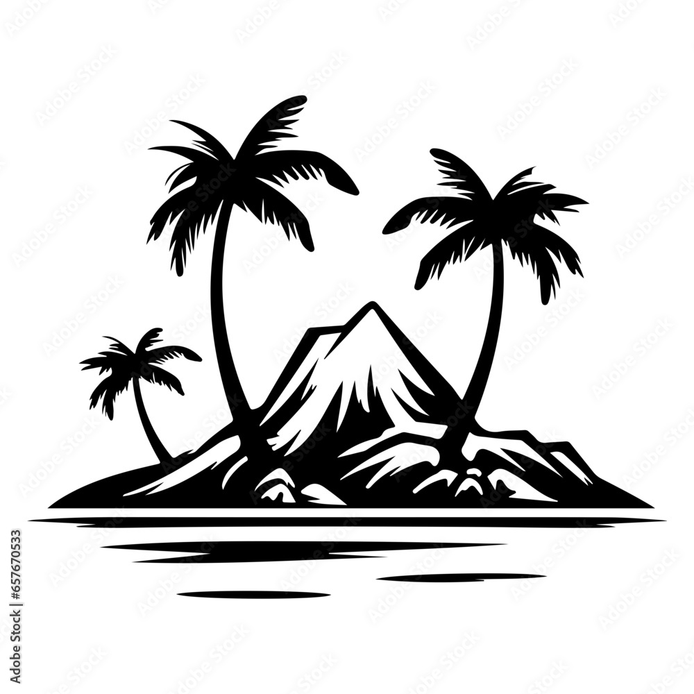island  Silhouettes of palm trees on the beach.