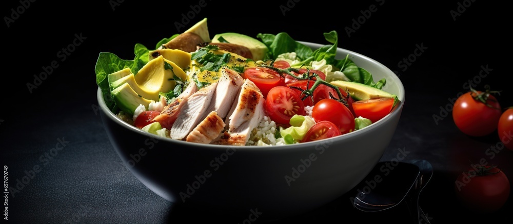 Healthy salad bowl with , tomatoes, chicken, avocado, lime and mixed vegetables on dining table