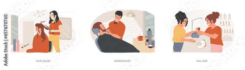 Beauty services isolated concept vector illustration set. Hair salon, barbershop, nail bar, beauty salon, beard shaving, moustache trimming, nail polish, french manicure, pedicure vector concept.