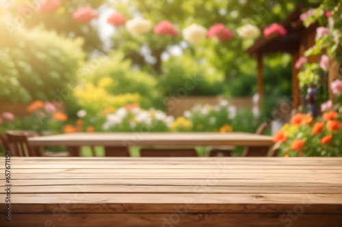Empty wooden table with summer time and blurred garden background