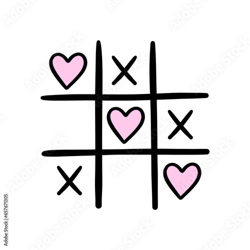Tic-tac-toe with hearts. Tic-tac-toe game. Concept for Valentine's Day. Hand drawn vector illustration.