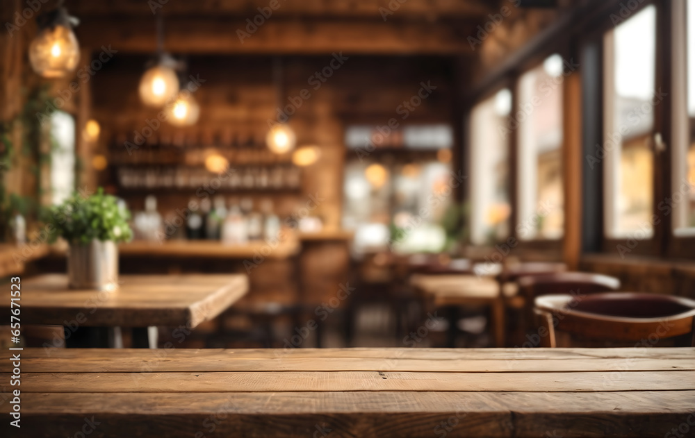 Empty wooden table with blur rustic bar restaurant cafe background Empty wooden table with blur rustic bar restaurant cafe background