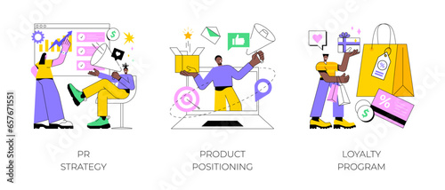 Brand communication abstract concept vector illustration set. PR strategy, product positioning, loyalty program, advertising campaign strategy, attract customer, online promotion abstract metaphor.