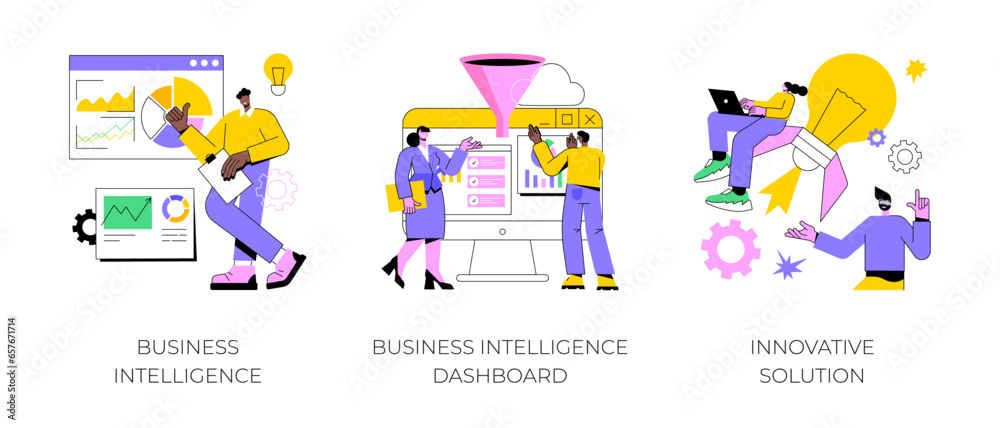 Performance tools and software solutions abstract concept vector illustration set. Business intelligence, intelligence dashboard, innovative solution, data analysis, KPI metrics abstract metaphor.